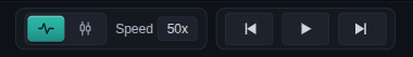 Replay control bar: tick/candle toggle, speed, and step buttons