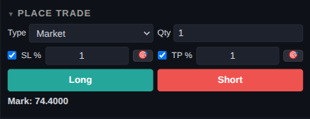 Place-trade panel: Market/Limit type, quantity, SL% and TP%, Long/Short